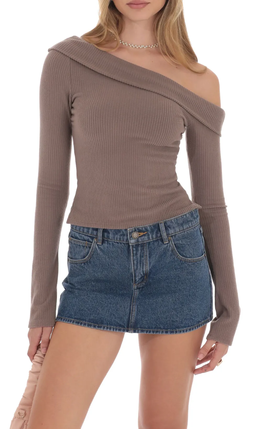 Ribbed Off Shoulder Top in Taupe