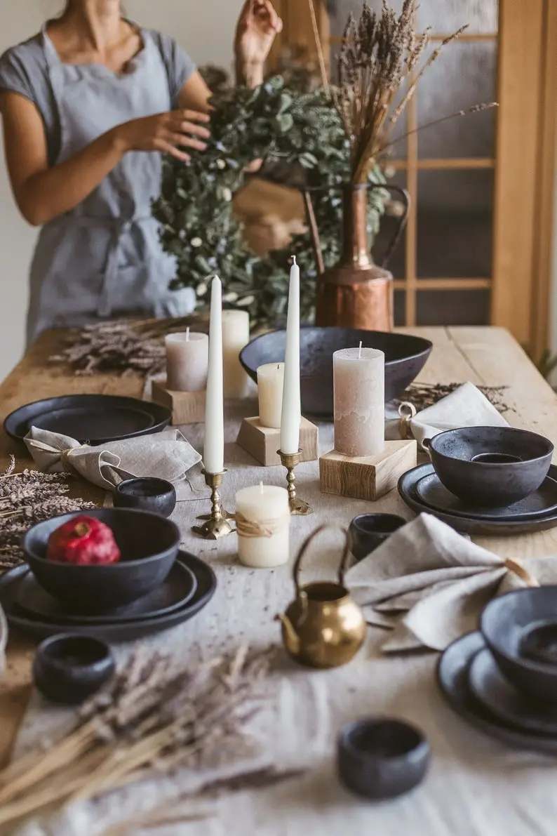 Christmas dinner holiday table setup, simple circle ceramic dish set, Christmas wife gift, handmade dinner and cake plates, soup bowl