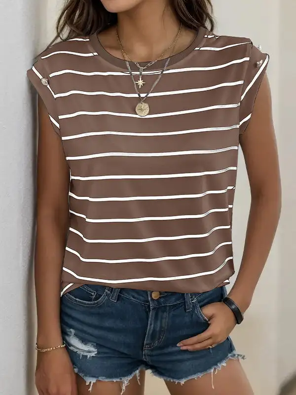 Relaxed Short Sleeve Panel Detail Stripe Round Neck T-Shirt