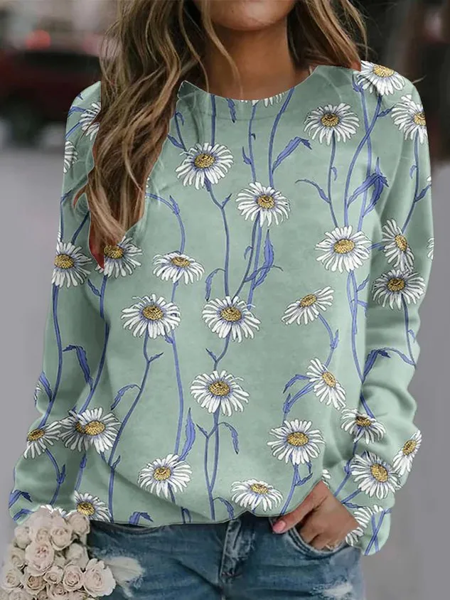 Casual Crew Neck Floral Sweatshirt