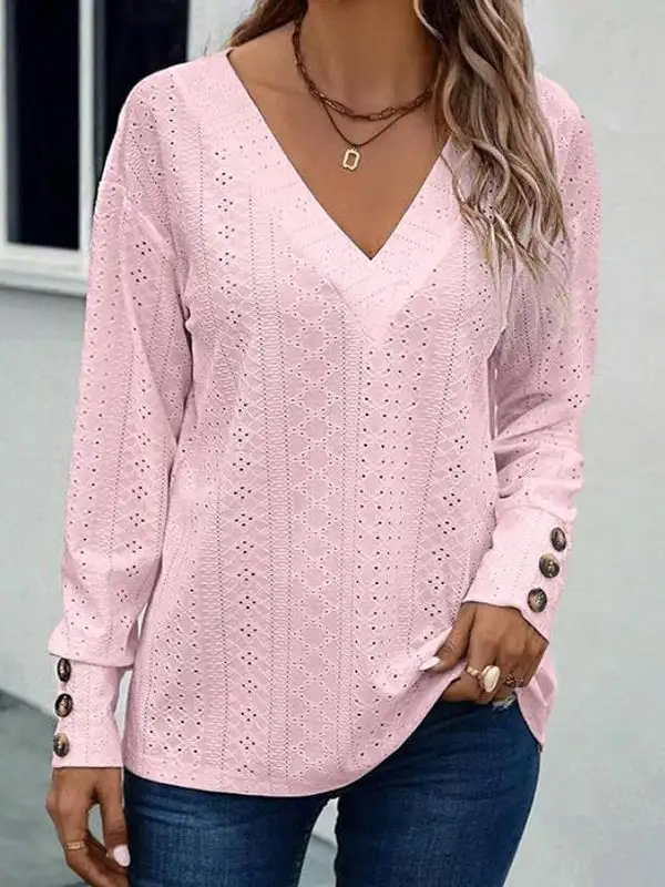 Long Sleeve Relaxed Button Detail V-Neck T-Shirt