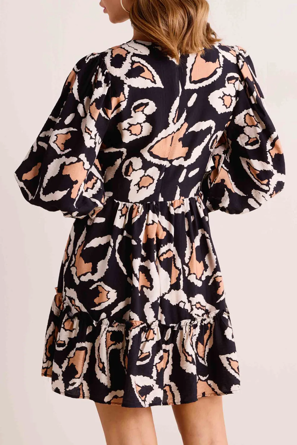 Abstract Print V-Neck Puff Sleeve Dress