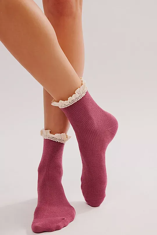 Waffle Knit Ankle Socks White