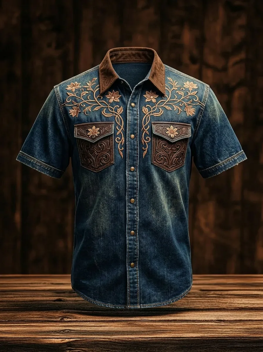 Men's Western Cowboy Floral Embroidered Denim Printed Shirt