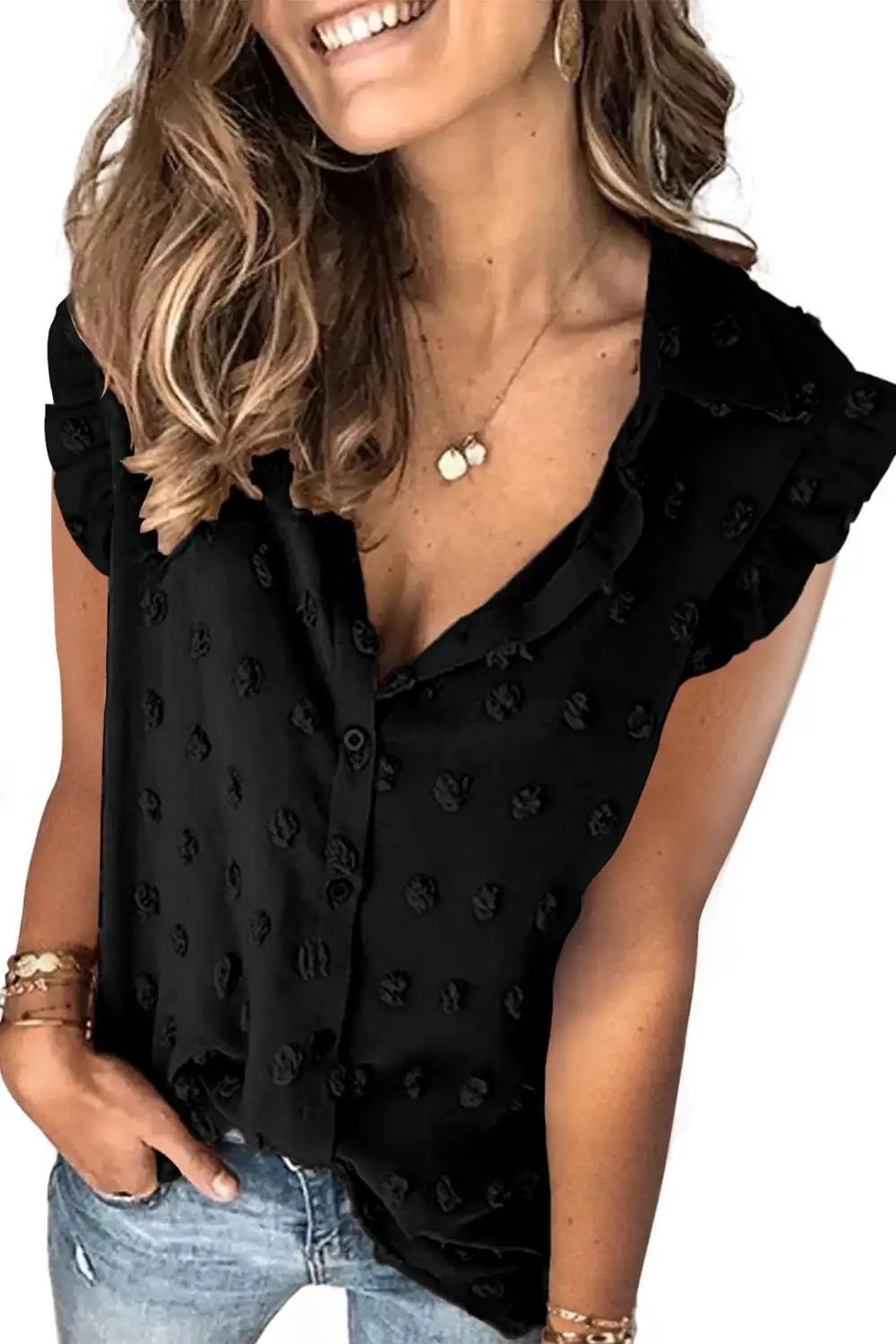 Turn-down Collar Ruffle Polka Dot Tank Top