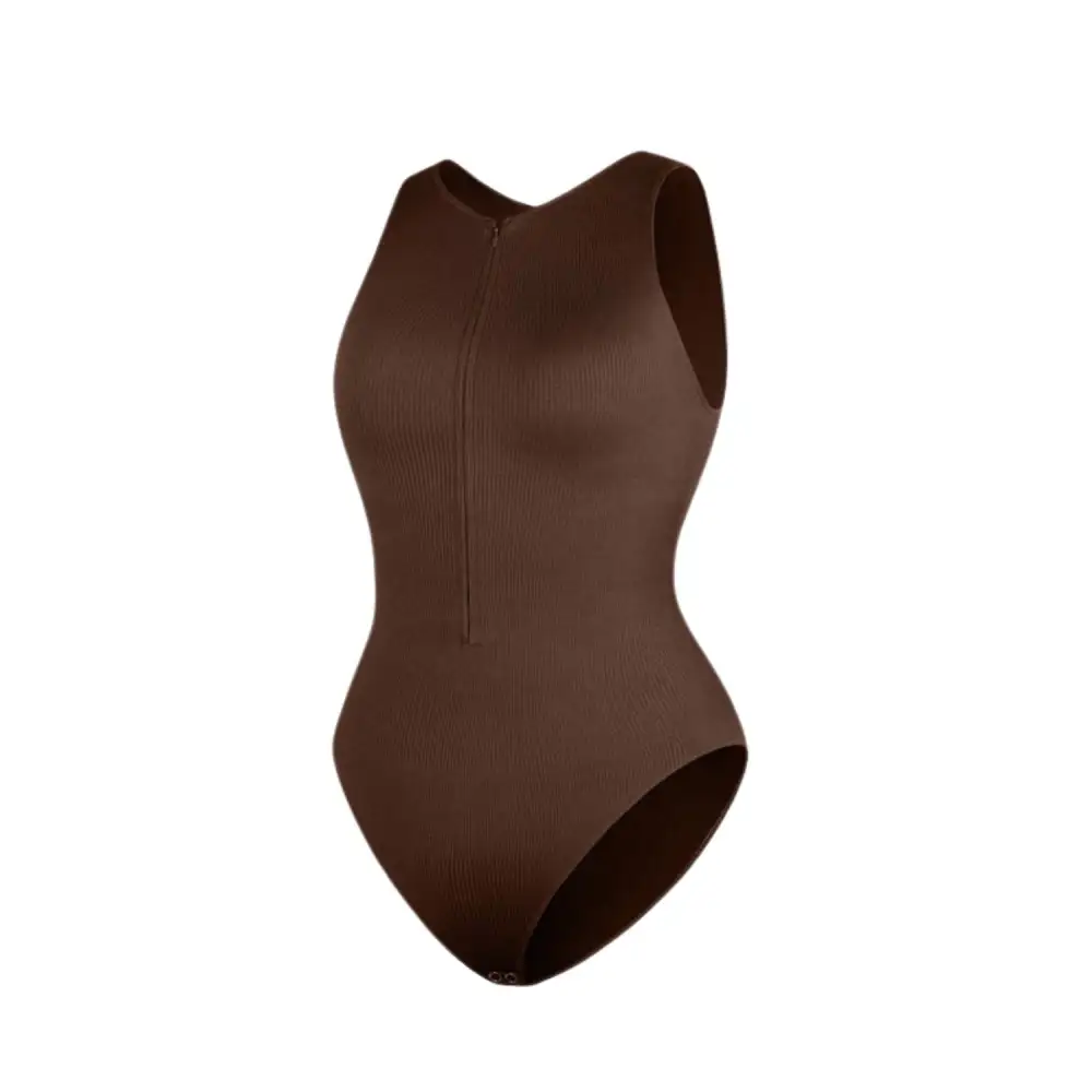 Ribbed Zip Front Sleeveless Bodysuit