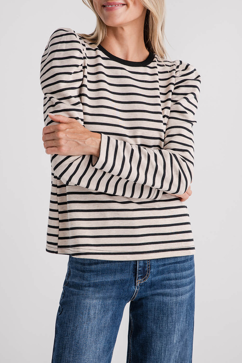 AnnieWear Stripe Puff Sleeve FrenchTerry Top - black/oatmeal