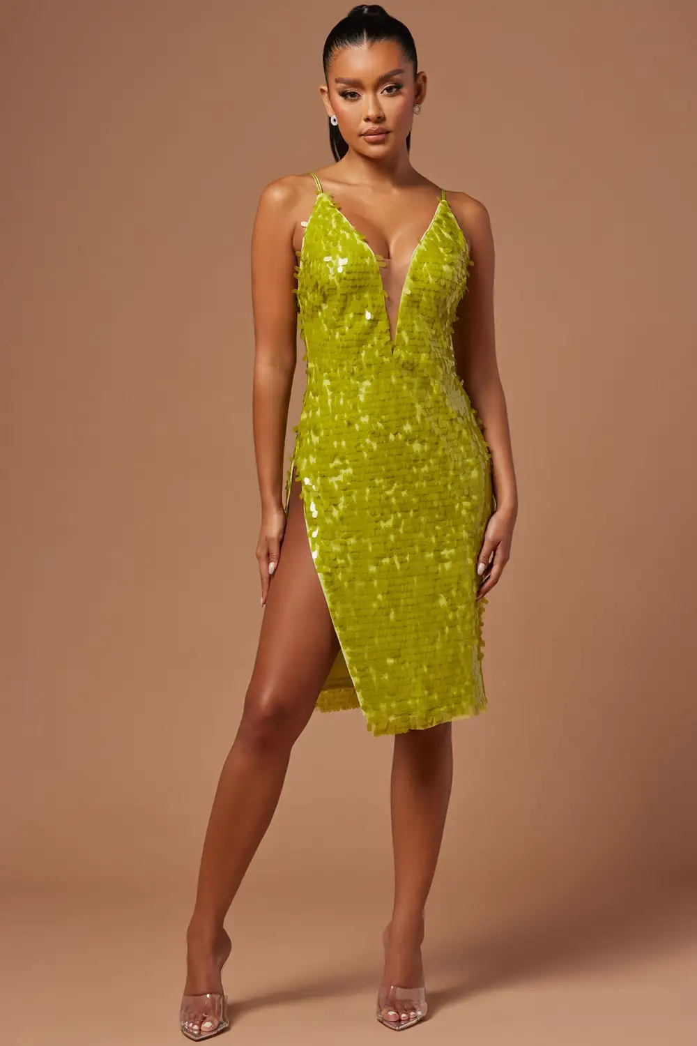 Fiona Sequin Midi Dress - Chartreuse