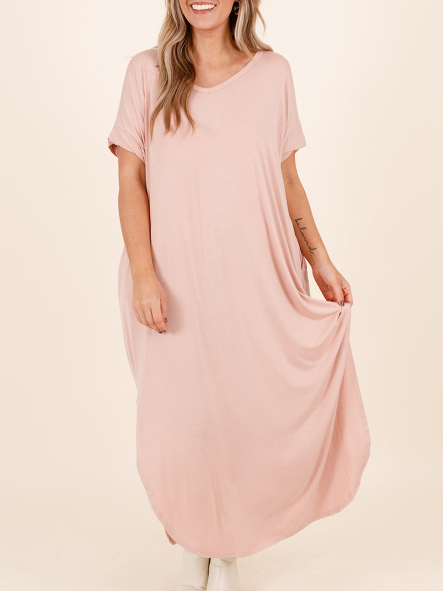 Short sleeved ultra long dress with curved split hem