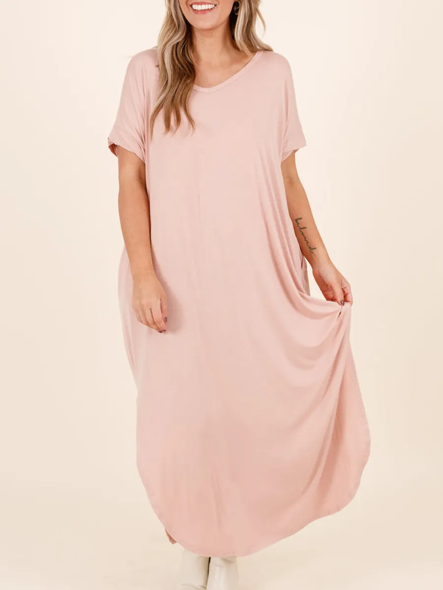 Short Sleeved Ultra Long Dress With Curved Split Hem