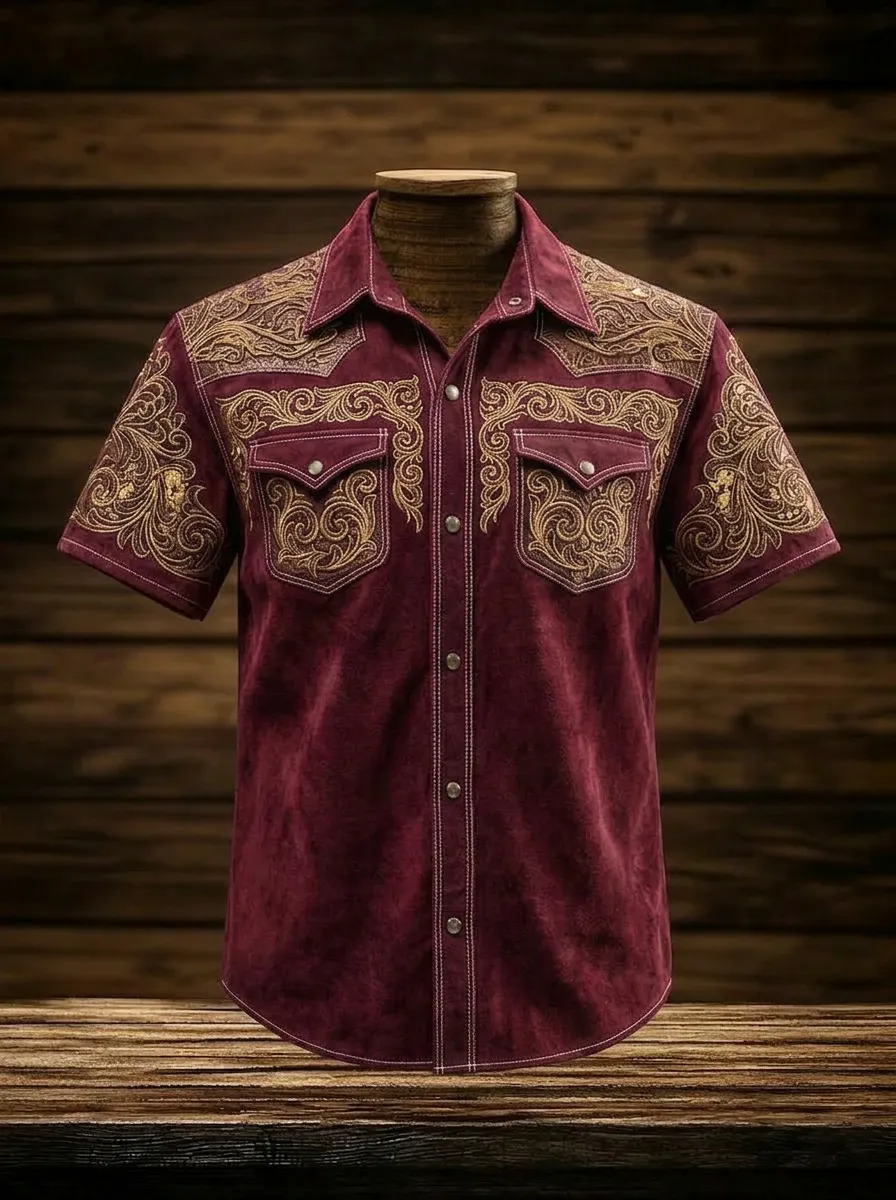 Men's Western Cowboy Floral Embroidery Printed Shirt