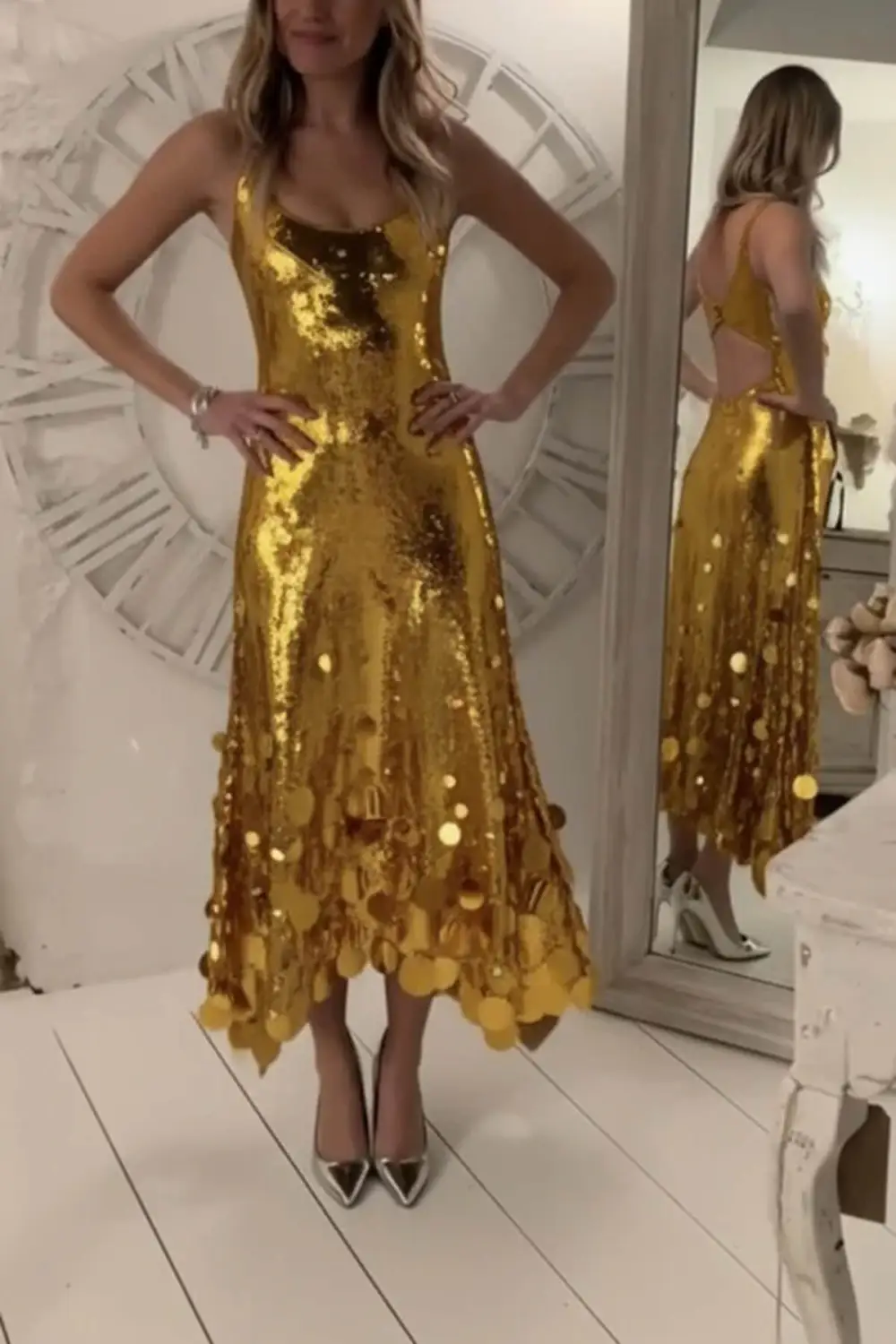 Tips Sequin Irregular Round Maxi Gown
