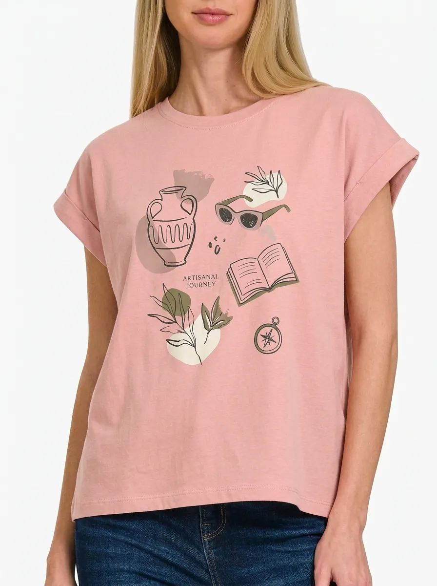 Women's Travel Lover Vase Book Compass Printed T-shirt