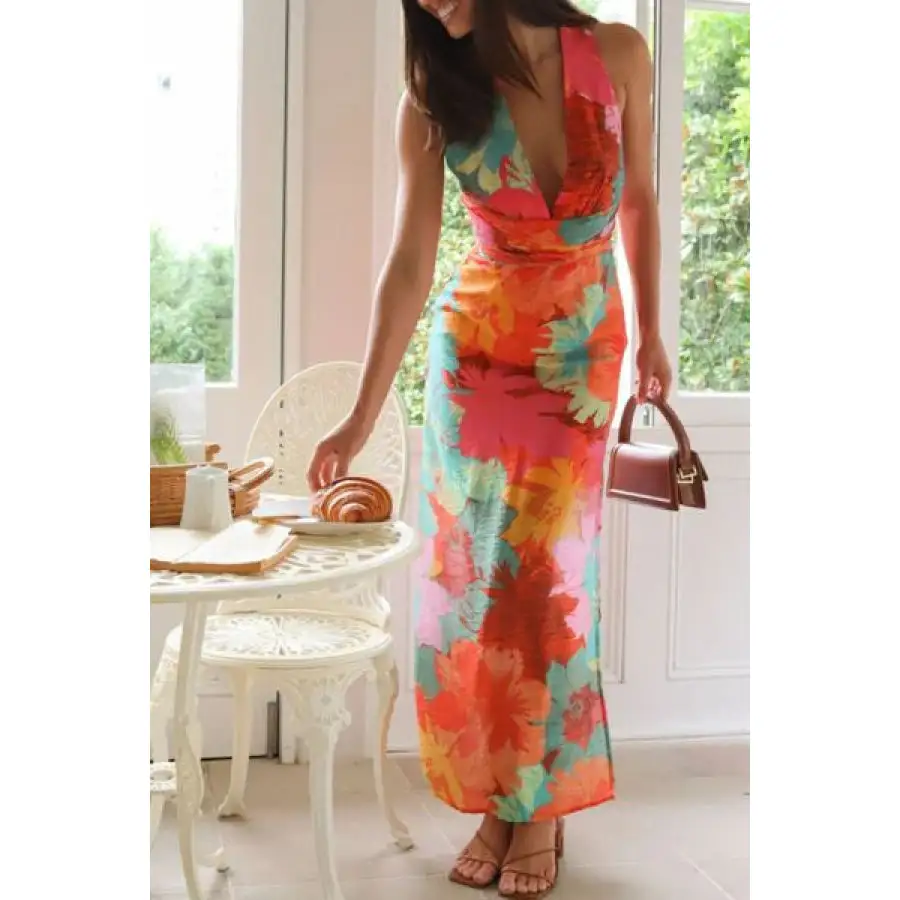 Split Crisscross Back Printed Plunge Maxi Dress