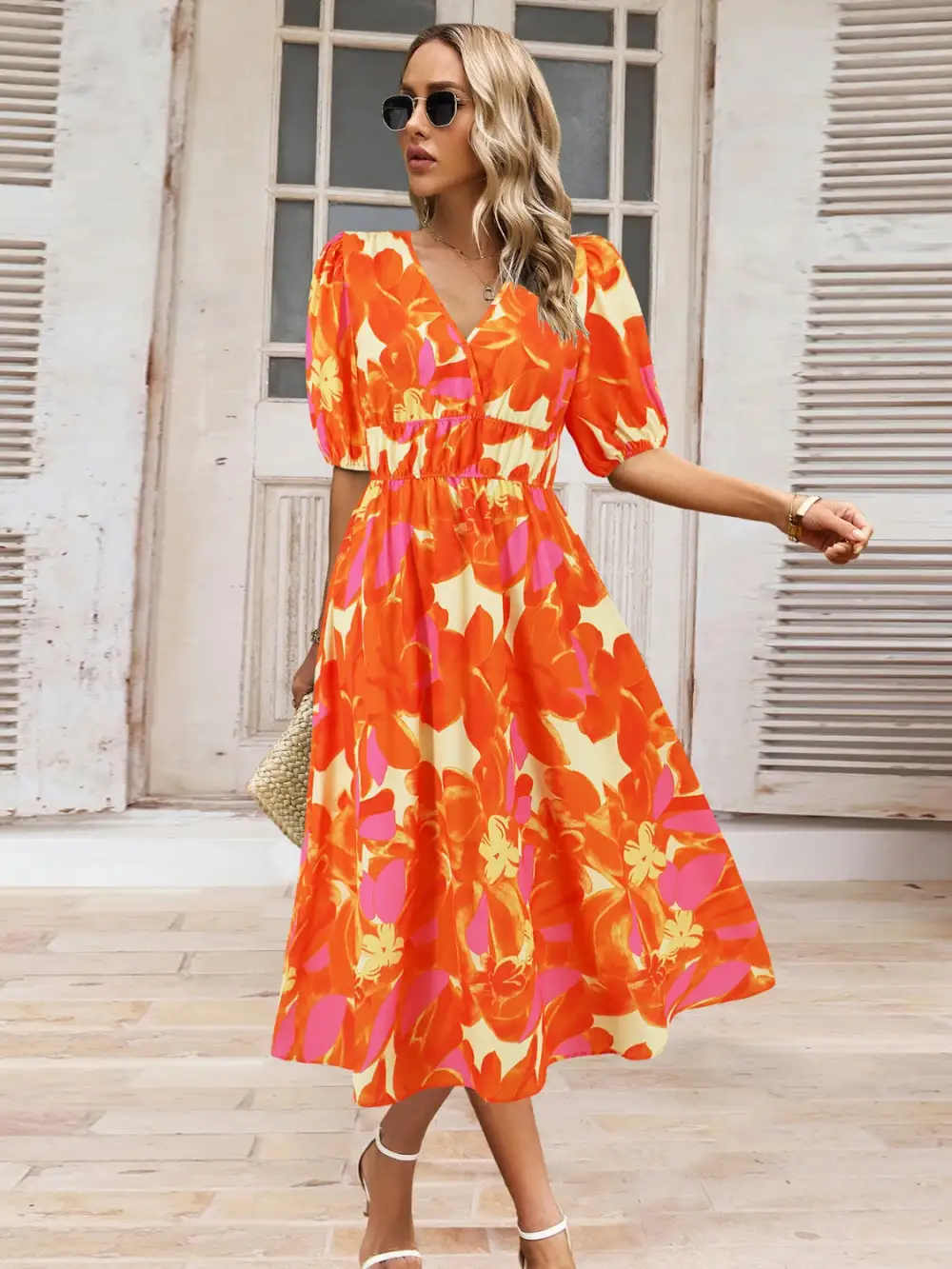 Boho Chic  Ruched Printed Surplice Short Sleeve Dress