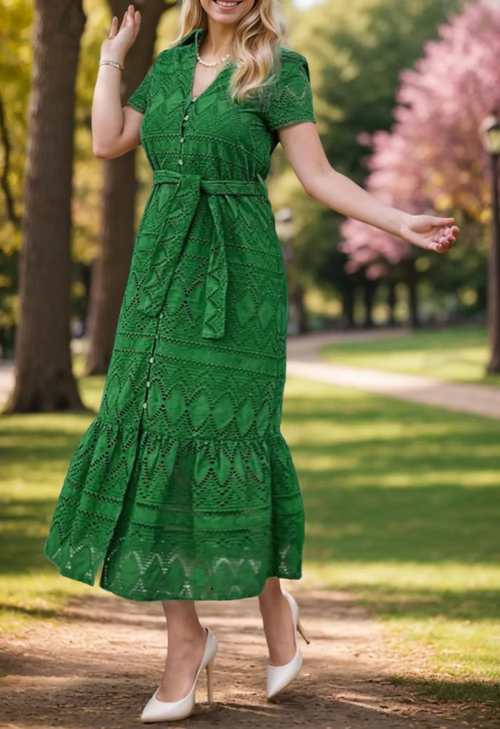 GREENERY IN SPRING EMBROIDERED EYELET FRILLING DRESS