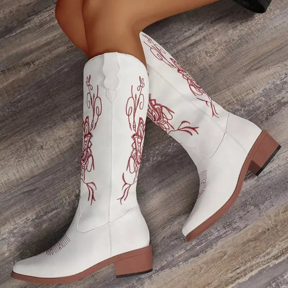 Embroidered Block Heels Boots