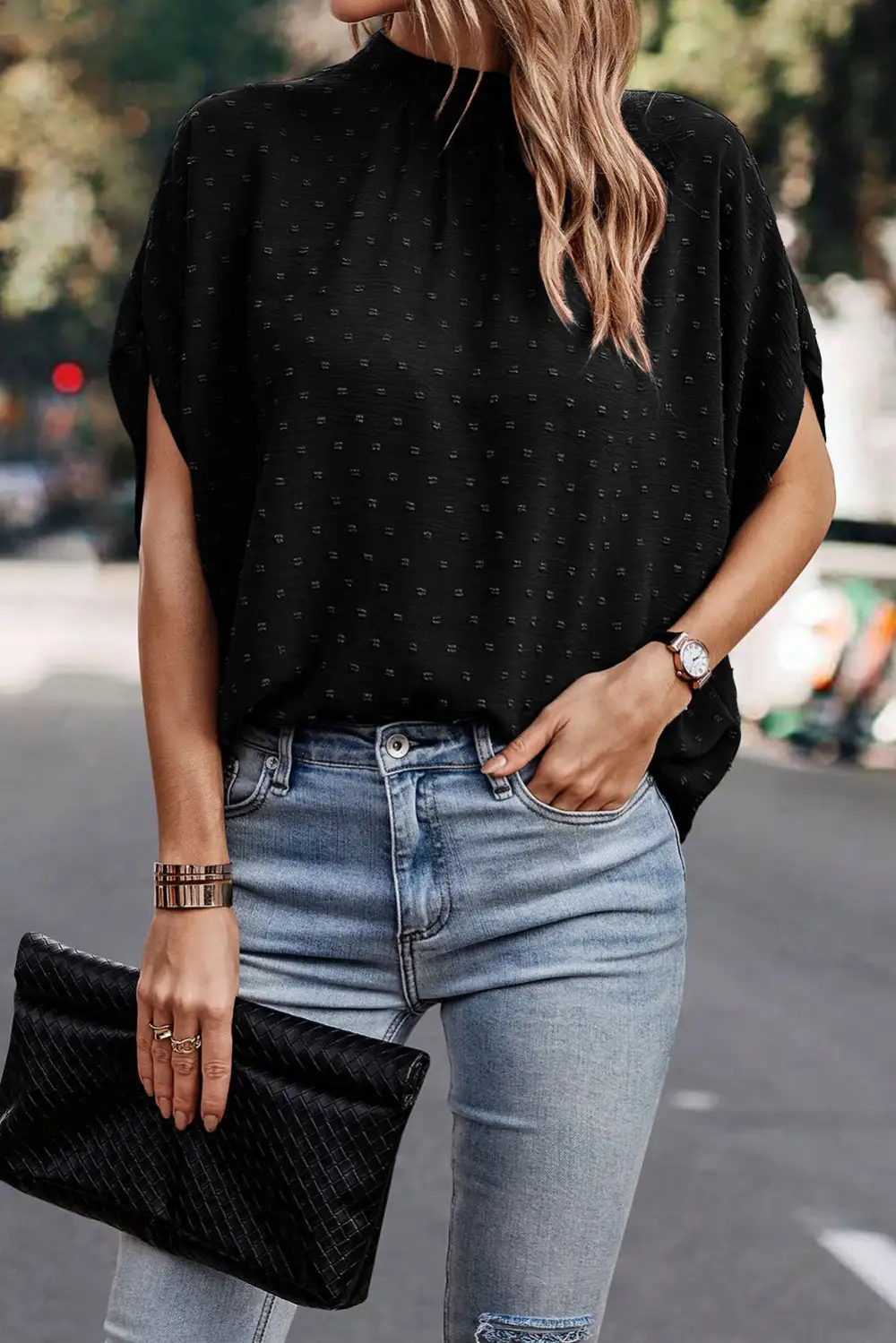Bow Detail Batwing Sleeve Swiss Dot Blouse