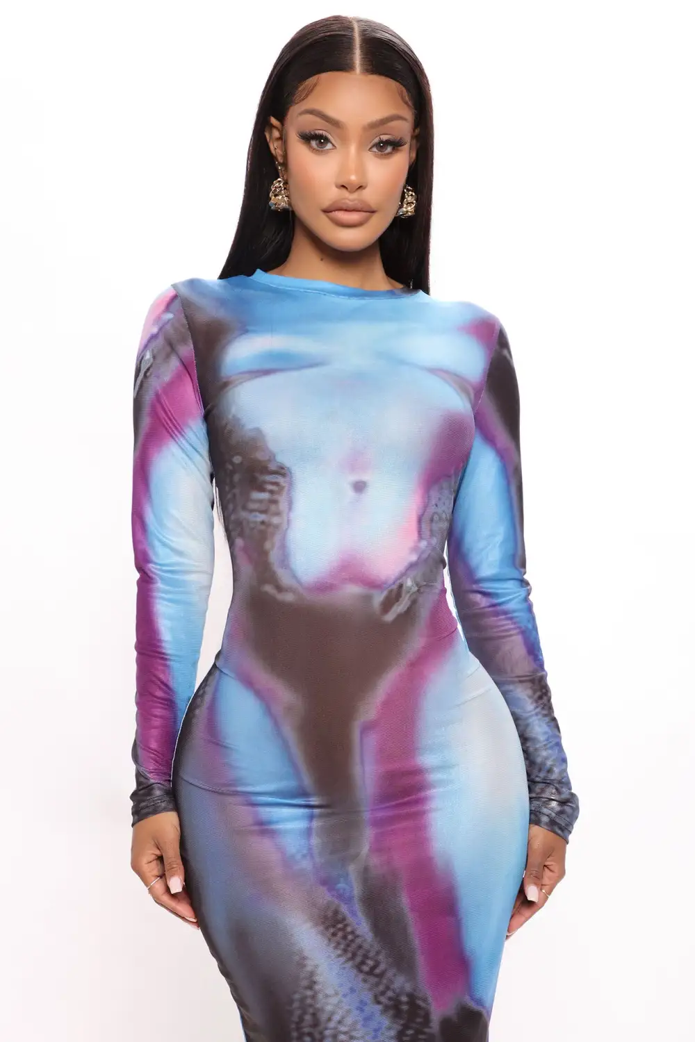 Giving Body Mesh Midi Dress - Blue/combo