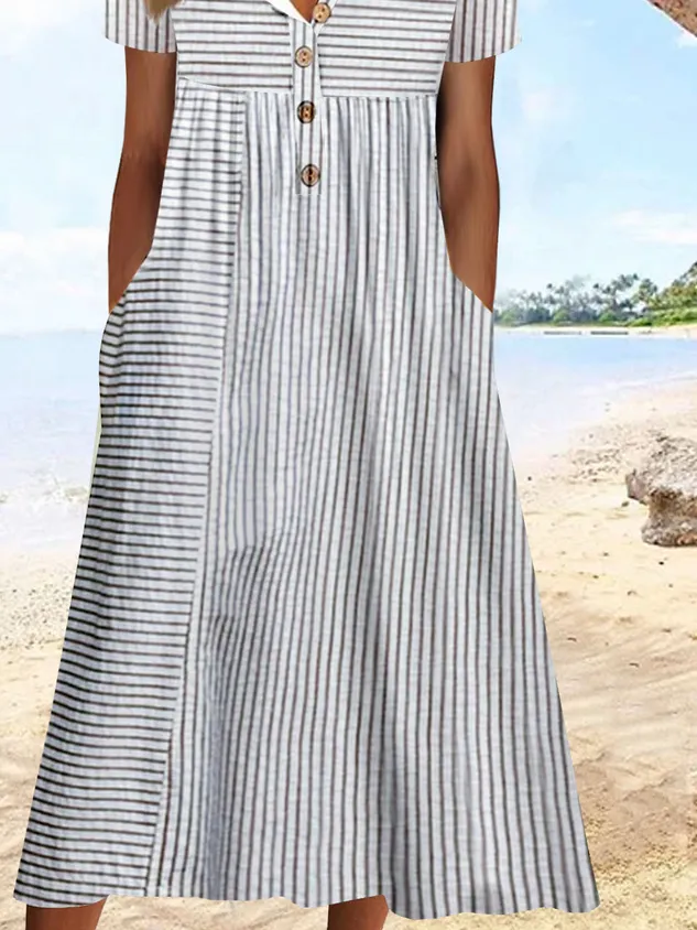 Buckle Jersey Vacation Striped Printed Dress