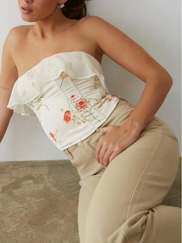 Ruffle Floral Satin Corset Top