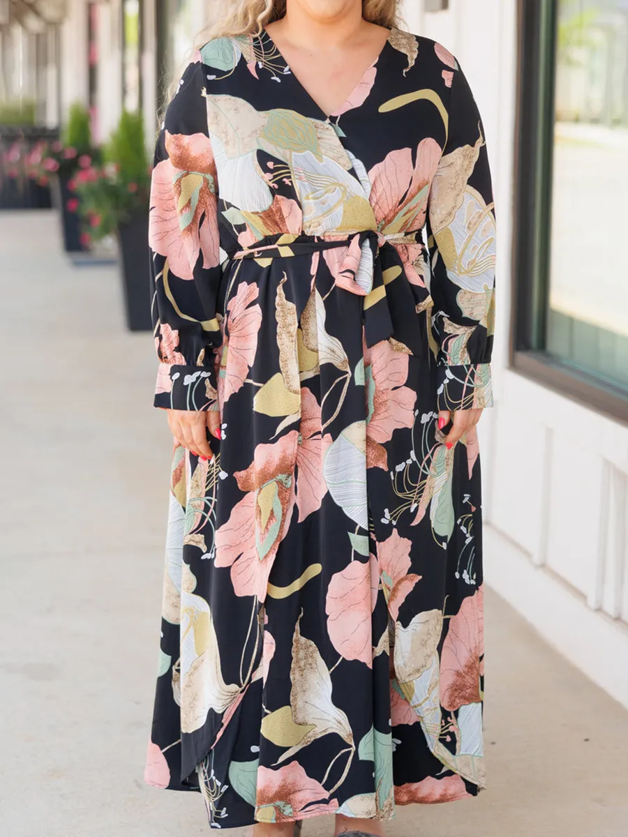 Large Floral Pattern Printed Loose Fitting Dress