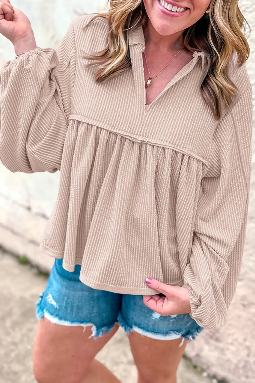 Parchment Corded Turn-Down V Neck Bubble Sleeve Babydoll Blouse