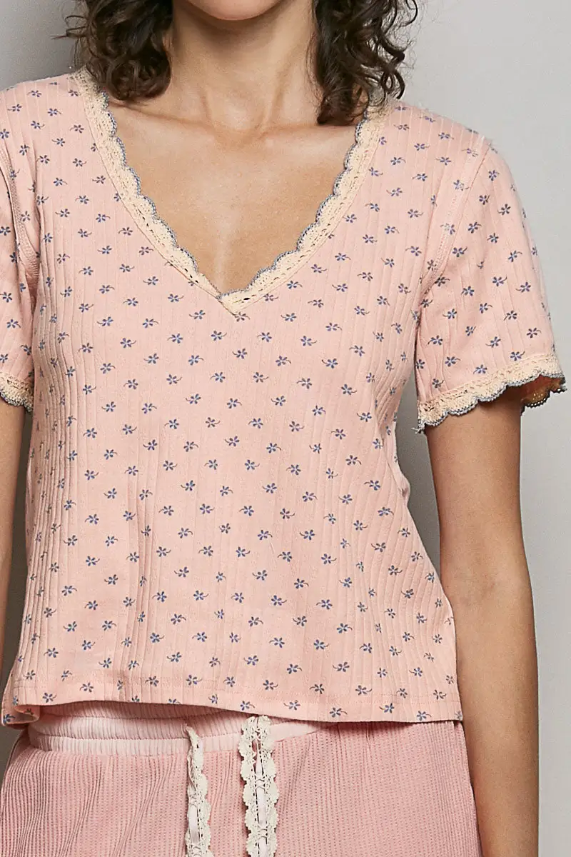 Floral V Neck Short Sleeve Rib T