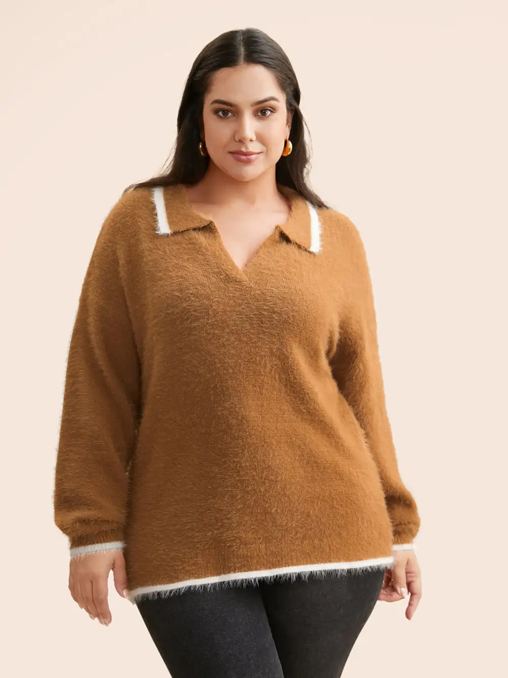 Contrast Trim Polo Neck Fluffy Pullover