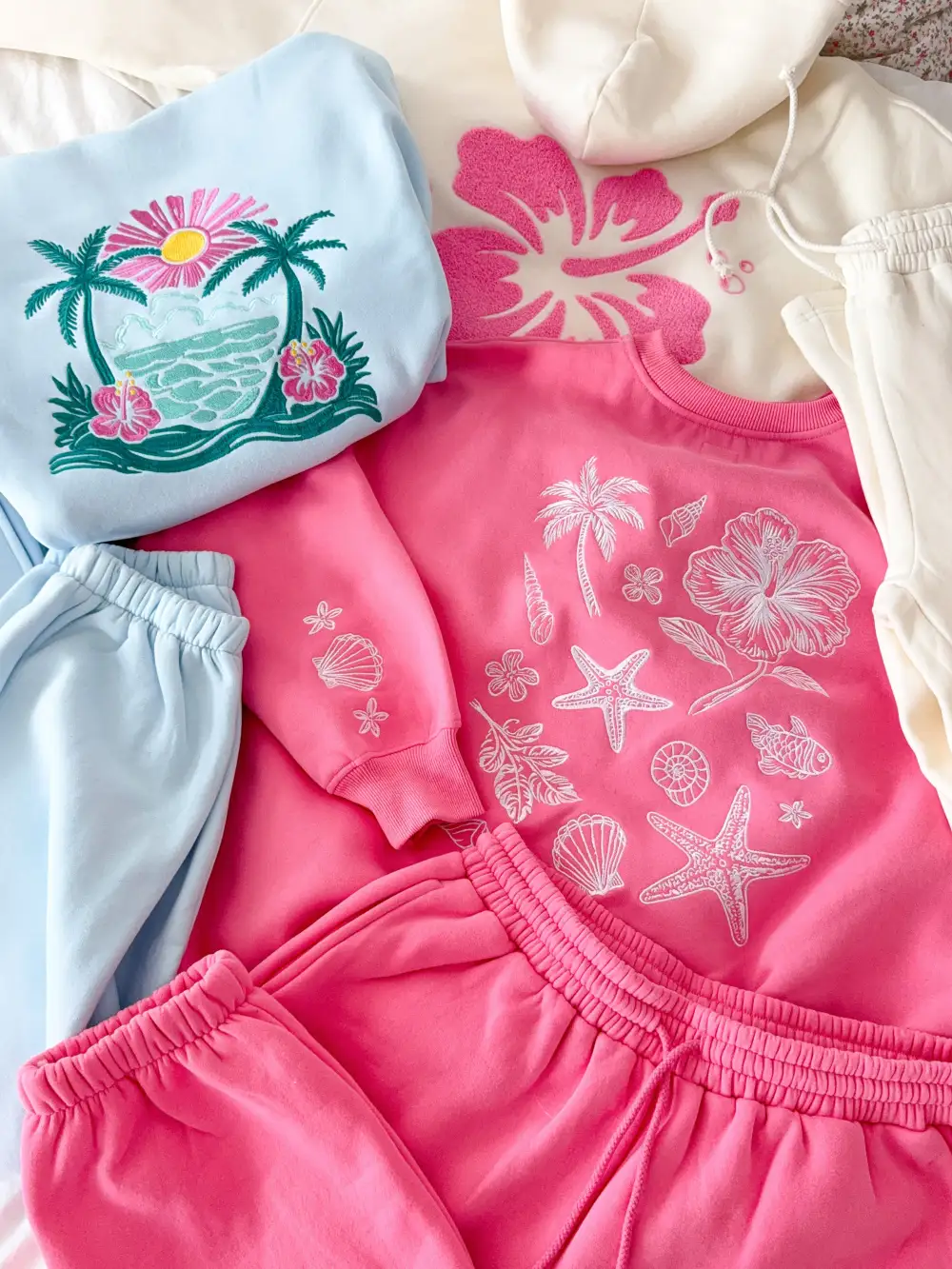 Icy Hibiscus Flower Beach Babe Embroider Hoodie