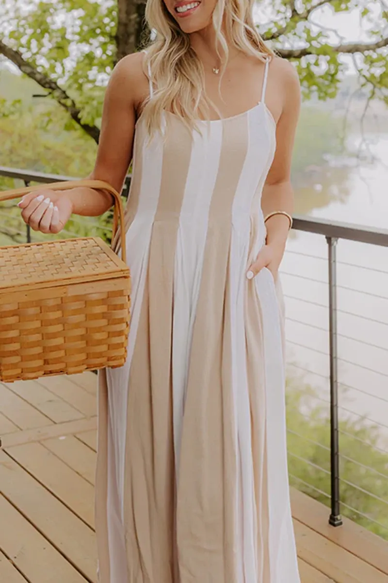 Linen Breathable Draped Striped Jumpsuit