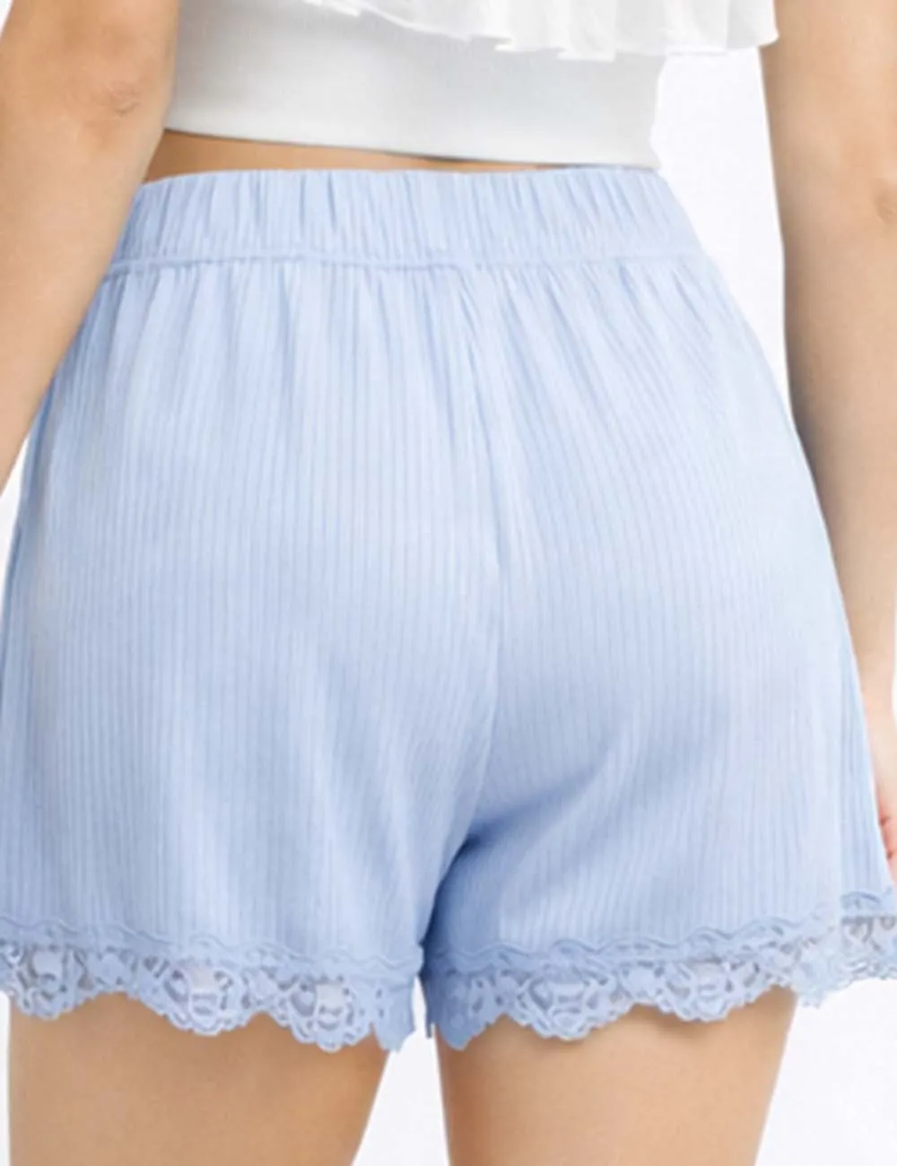 Ribbed Knit Elastic Waist Lace Trim Wide Leg Shorts