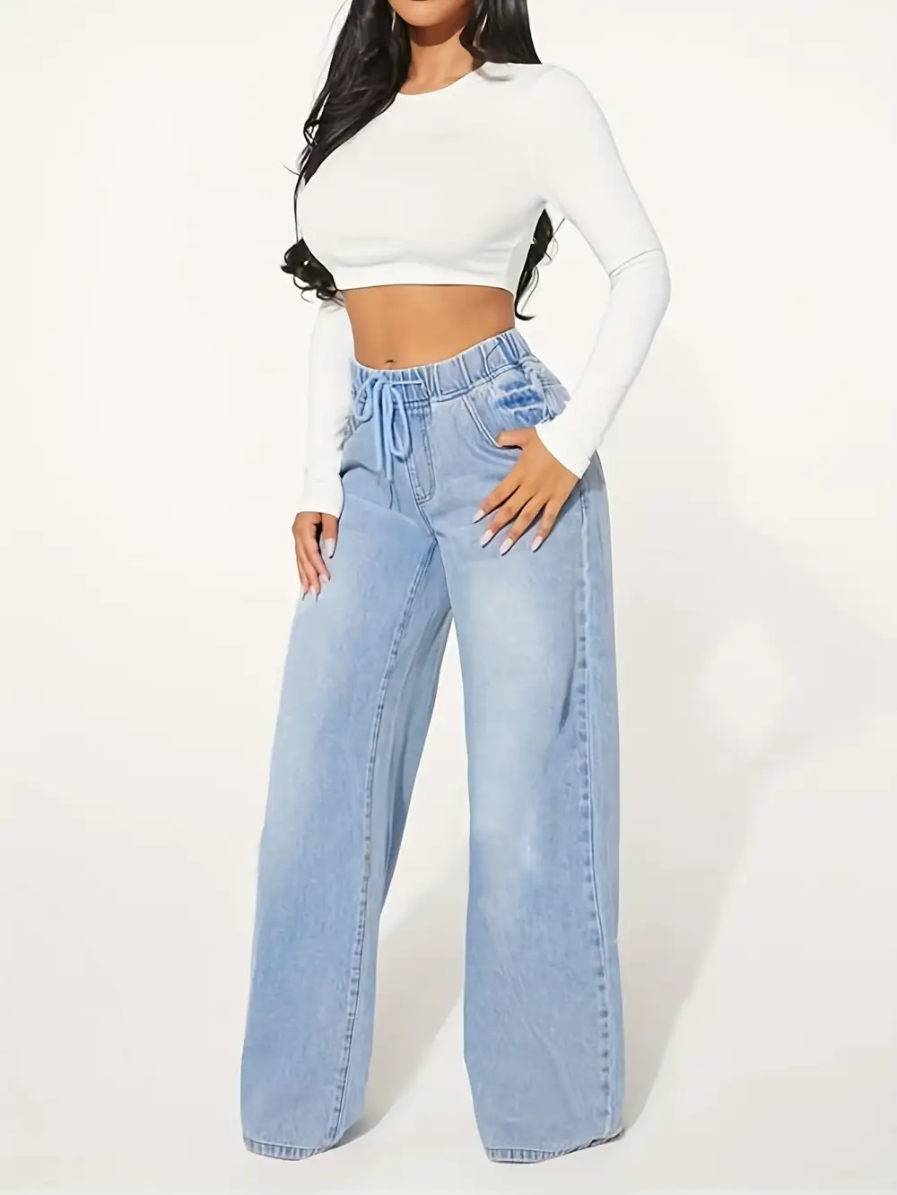 Distressed Baggy Jeans: Relaxed Comfort (Blue Denim, Drawstring Waist)