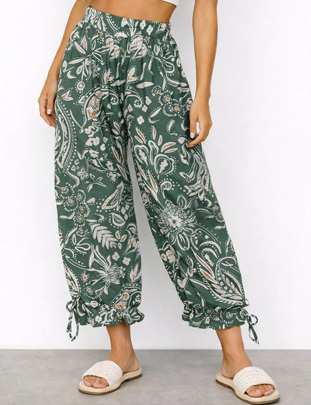 Paisley Drawstring Hem Lantern Leg Pants