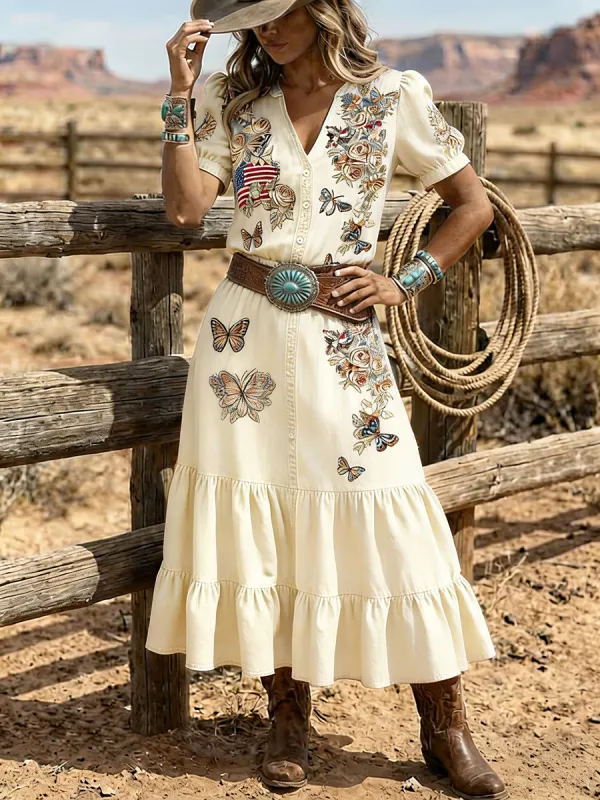 Women's Western Butterfly Embroidered Patchwork Denim Maxi Dress