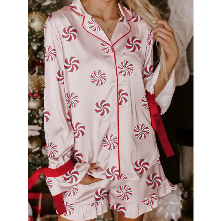 Christmas Candy Contrast Trim Bow Knot Top and Shorts Pcs Pajama Set