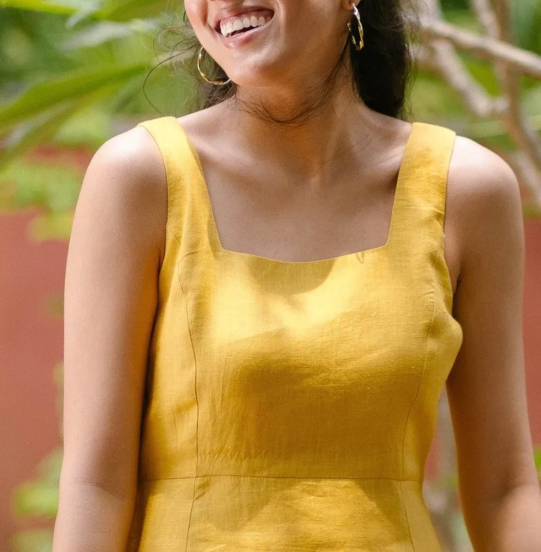 Mustard Linen Square-Neck Midi Dress