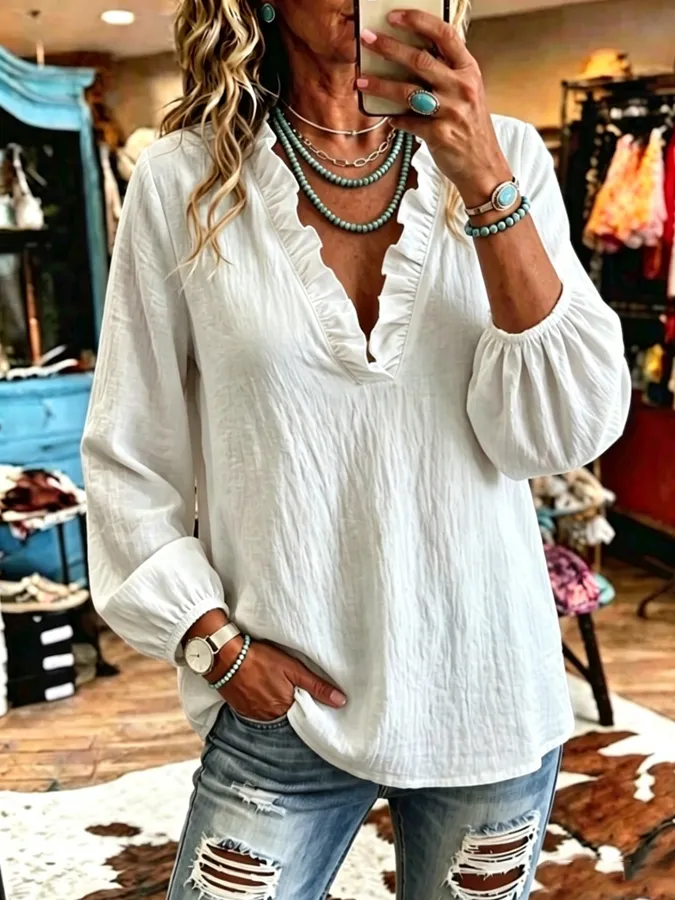 Women's Vintage Art Print Puff Sleeve Casual Shirt