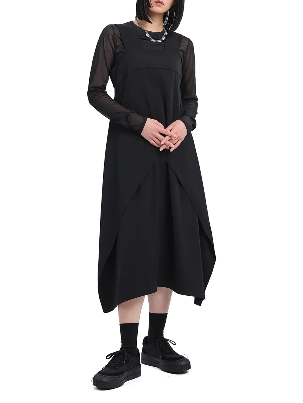 Sheer Sleeve Asymmetric Hem Midi Dress