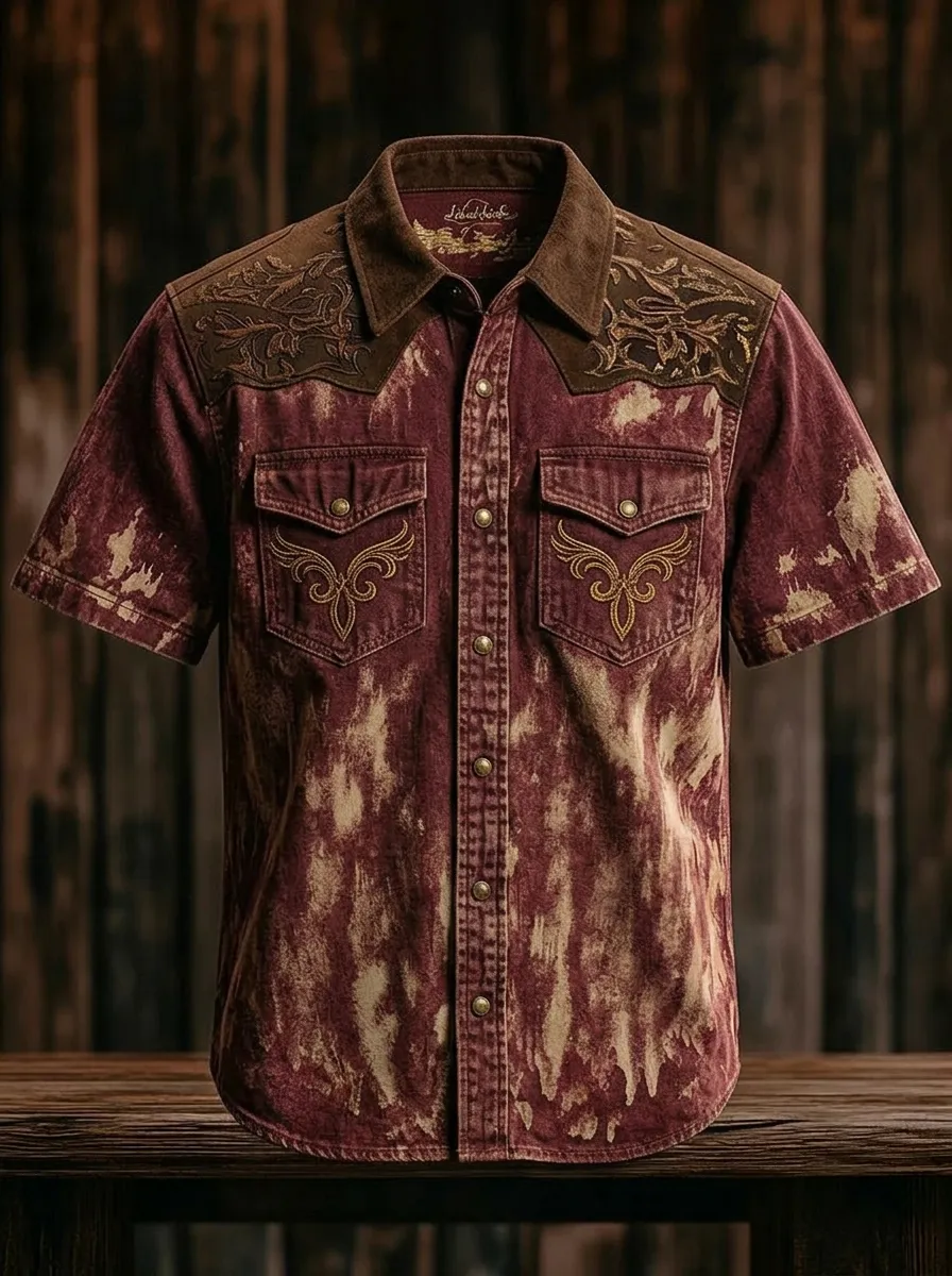 Men's Western Style Acid Wash Embroidered Floral Printed Shirt