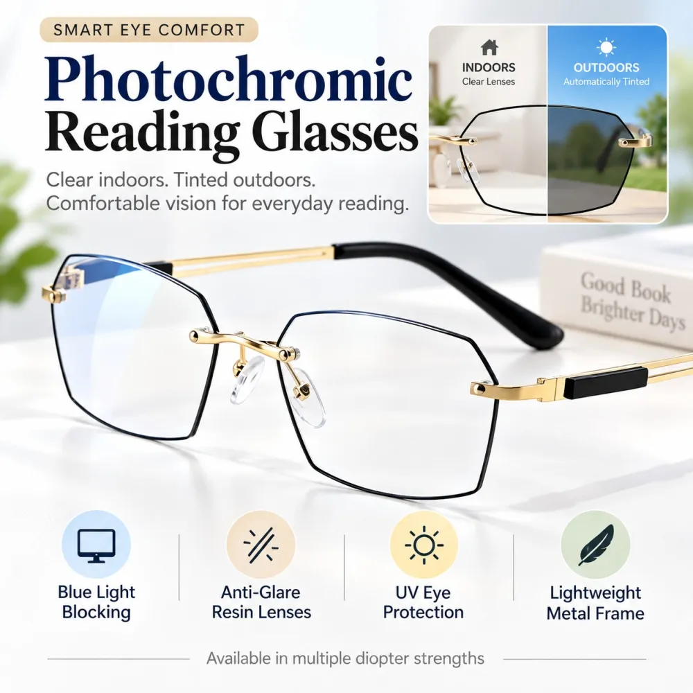 👓 Auto-Tint Senior Readers – BlueLight Blocking + UV Protection, Lightweight Metal Frame
