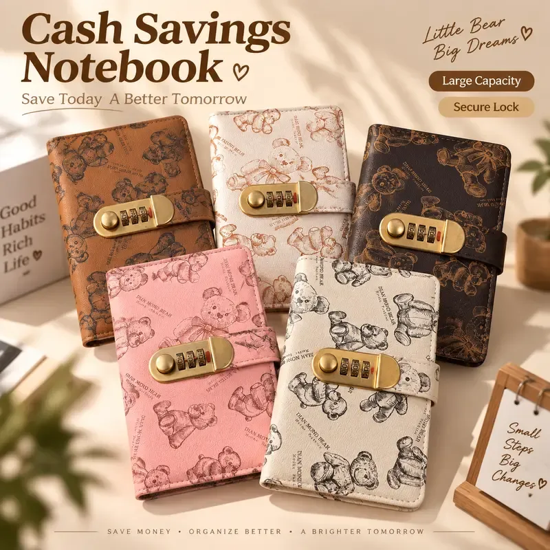 Cash Savings Binder with Password Lock, Money Organizer Wallet, Large Capacity Bear Pattern Budget Planner