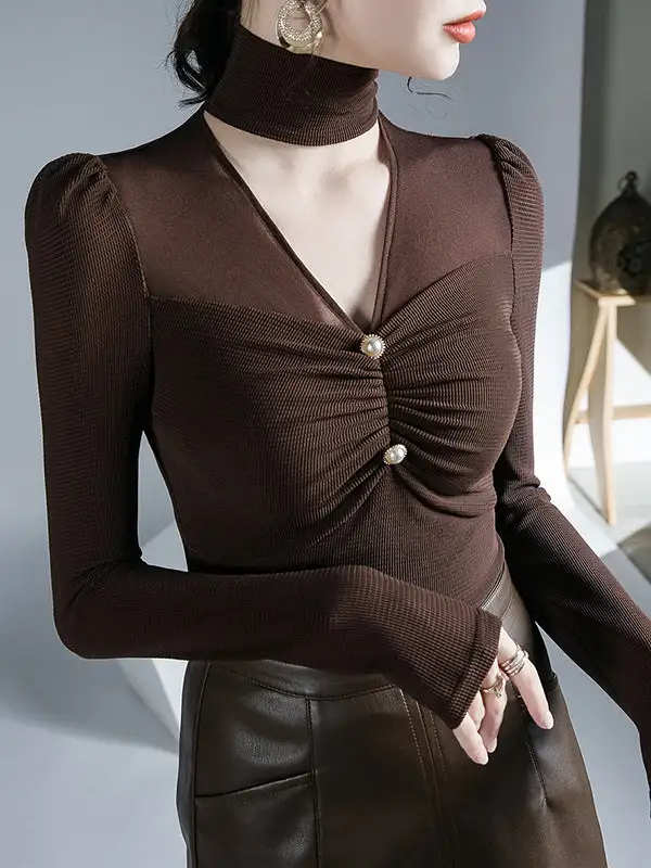 Long Sleeve Slim Fit Mesh Pleat Detail V-Neck T-Shirt