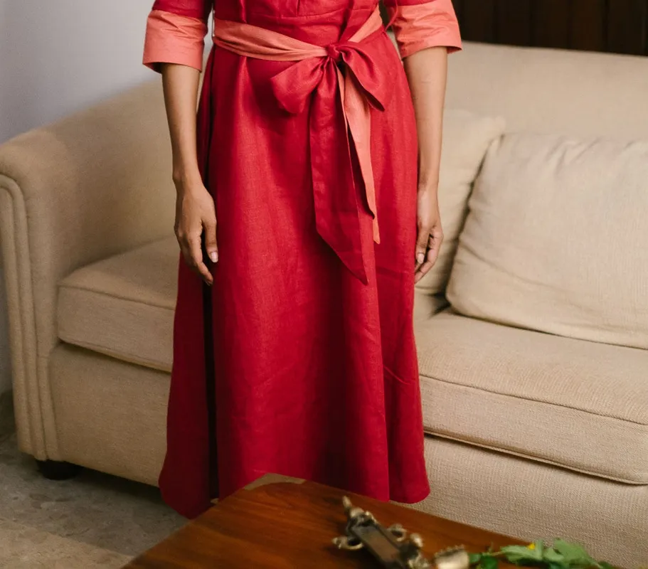 Rust Orange Linen Flared Dress