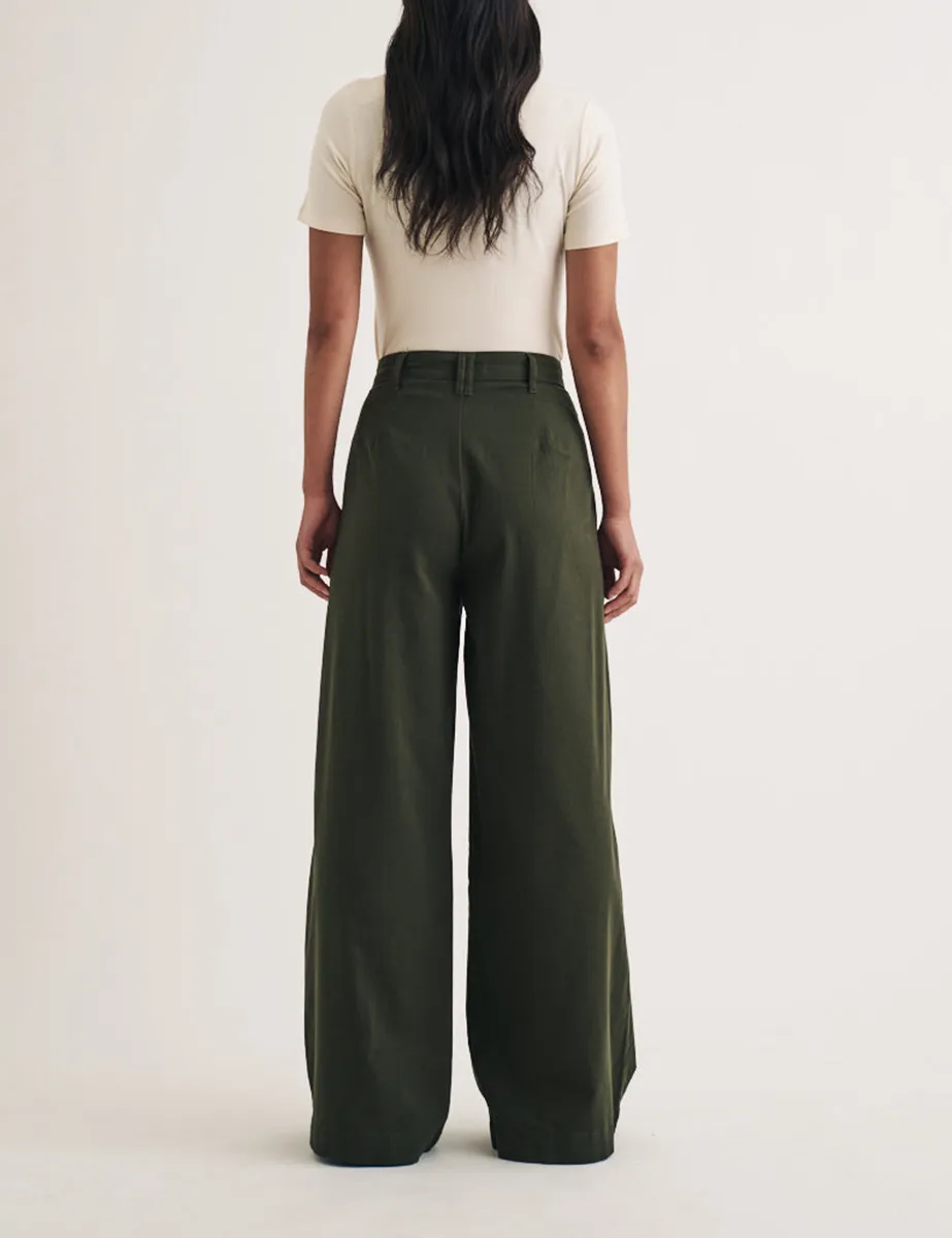 Khaki Twill Pleated Wide Leg Ava Trousers