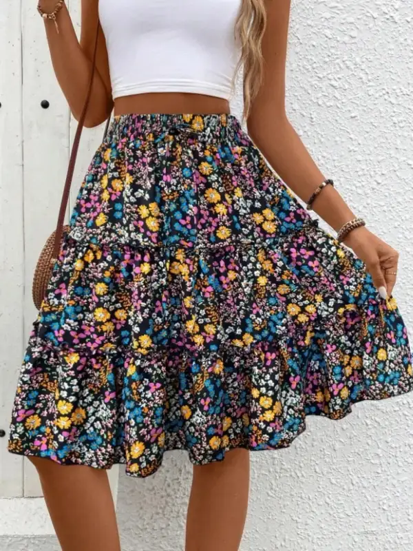 Textured Ruffle Trim Printed Silhouette Skirt