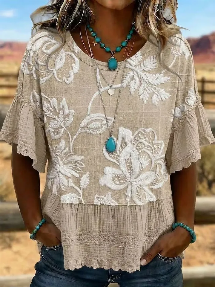 Women'S Retro Western Flower Art Printed Splicing T-Shirt
