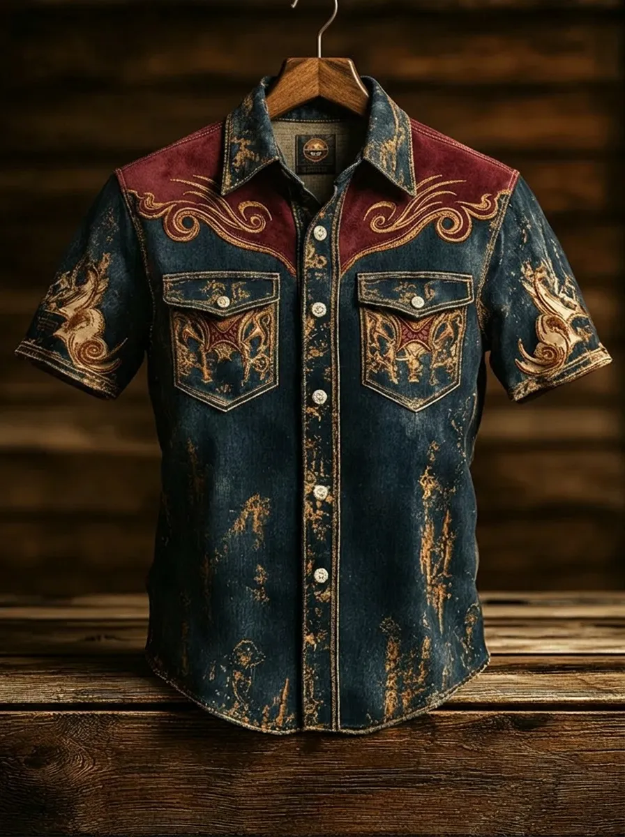 Men's Western Style Vintage Distressed Floral Printed Shirt