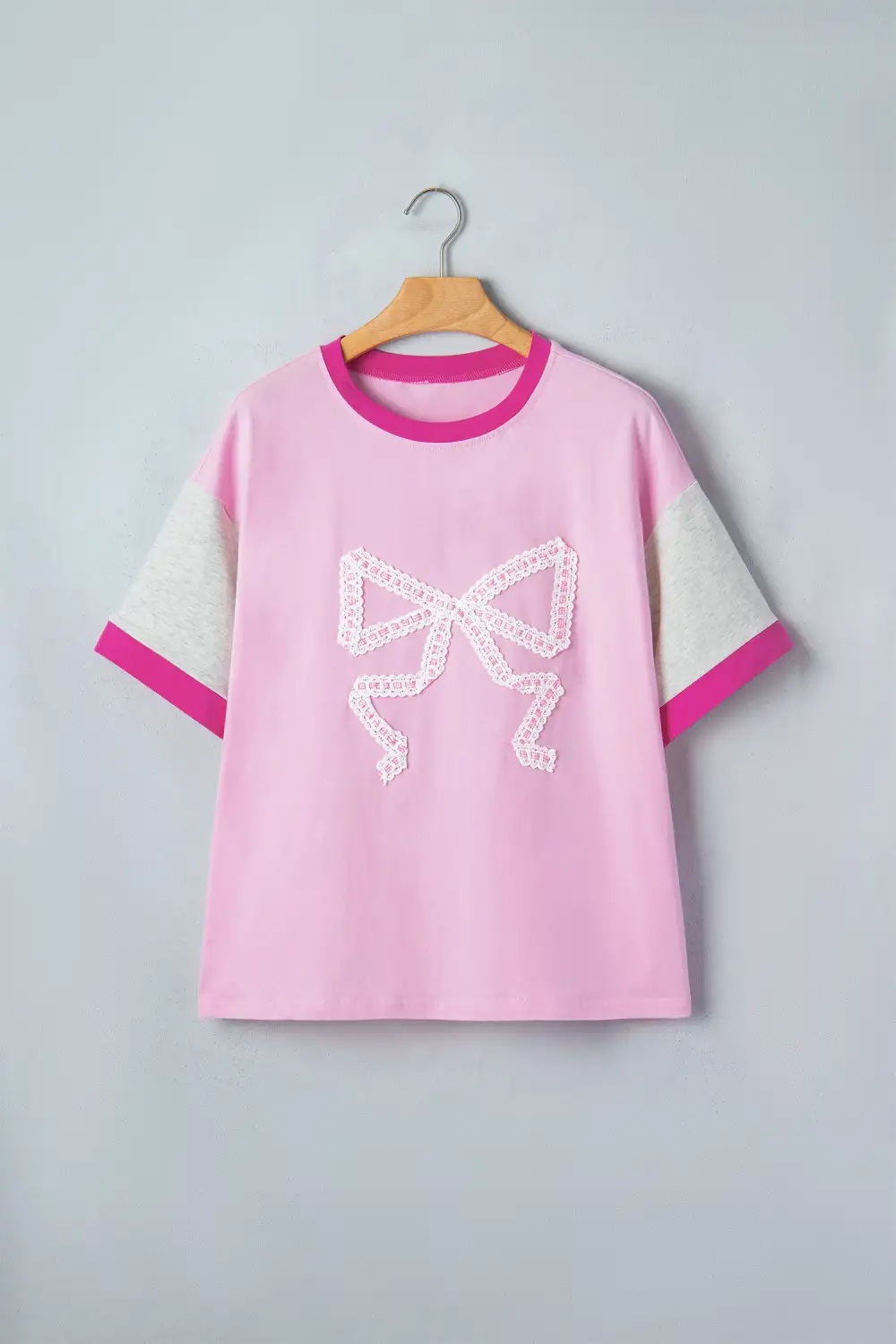Embroidered Bow Detail Contrast Blocked Loose Tee