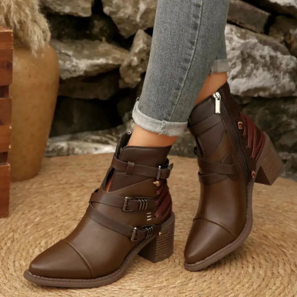 Pointed Toe Buckle Strap Ankle Boots with Block Heel